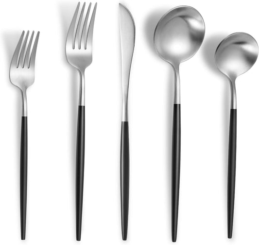 Matte Black Silver Silverware Set for 6,Modern Stainless Steel Brushed Cutlery Set,30-Pieces Heavy Duty Flatware Set,Knives Spoons and Forks Set Utensils Set, Satin Finish, Dishwasher Safe