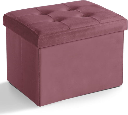 LINMAGCO Storage Ottoman Folding Foot Stool Velvet Footrest with Padded Modern Ottoman with Storage for Living Room Puppy Step Stool 17x13x13in(Jelly Pink)