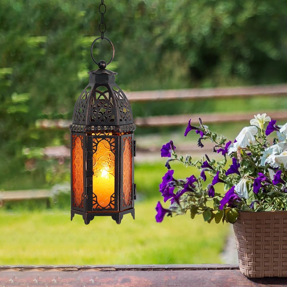 NEEDOMO 11'' Moroccan Lanterns Decorative Indoor & Outdoor, Vintage Christmas Candle Holder, Metal Lanterns Decorative, Table, Patio, Porch, Shelf, Christmas Spring Halloween Home Decor (Amber)