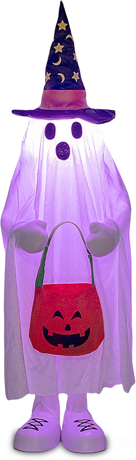 37" Cute Front Porch Light Up Halloween Ghost Décor, Kids Standing Trick or Treat Indoor and Outdoor Decorations-Star Moon
