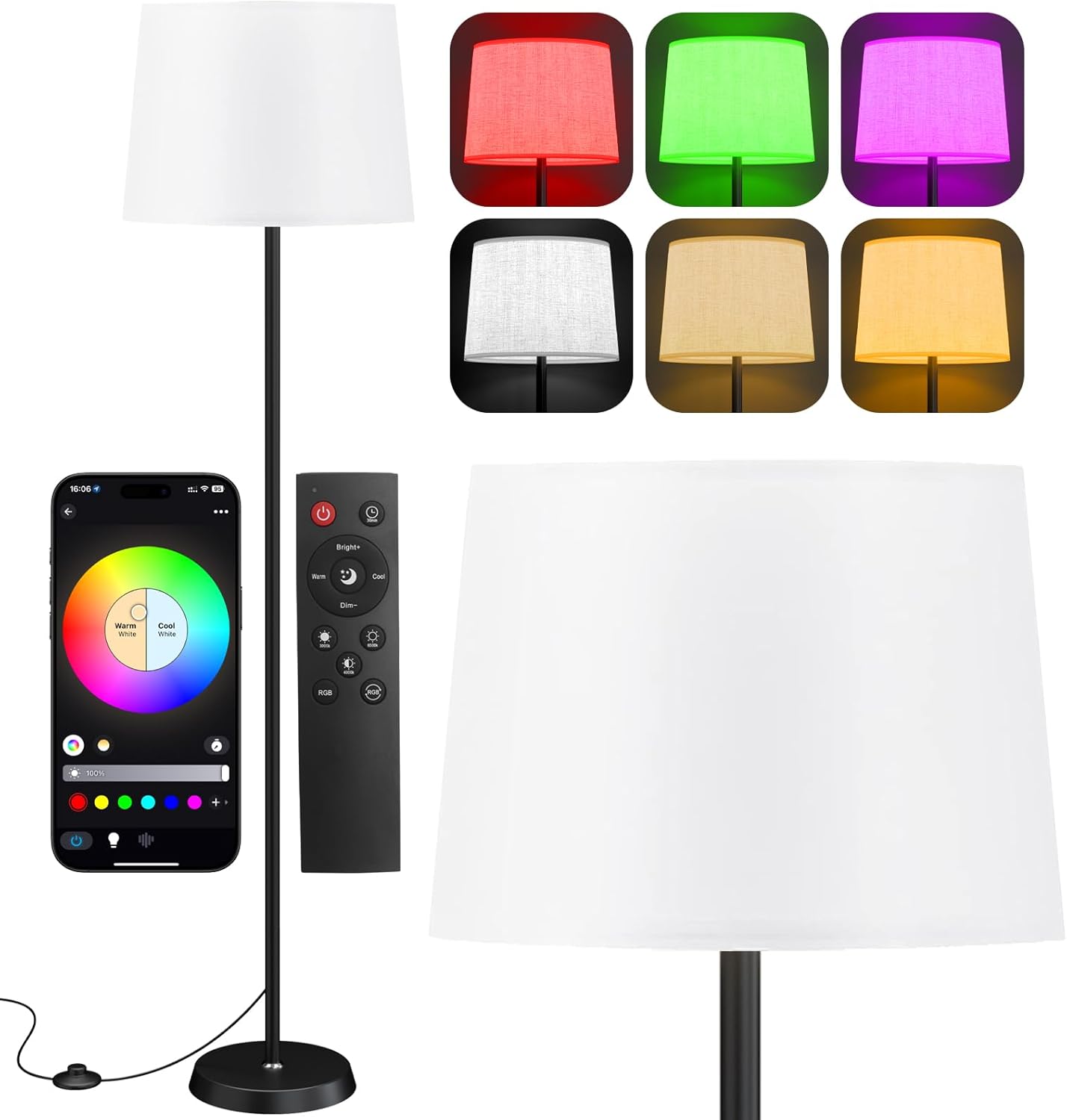 Floor Lamp for Living Room Bedroom,Modern Floor Lamp with Remote, Simple Design with White Shade,Foot Pedal Switch,Dimmable Colors Temperature,9W RGB LED Bulb