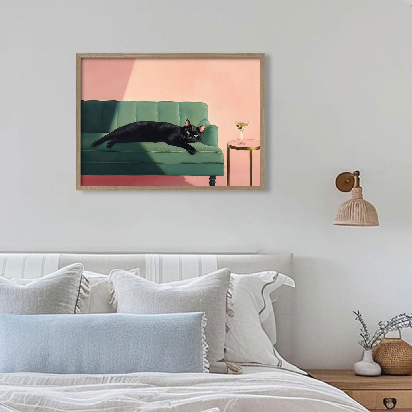 Wood framed black cat wall art modern style canvas print lazy black cat poster picture decoration painting gallery style artwork suitable for living room bedroom decoration 16x24 inch