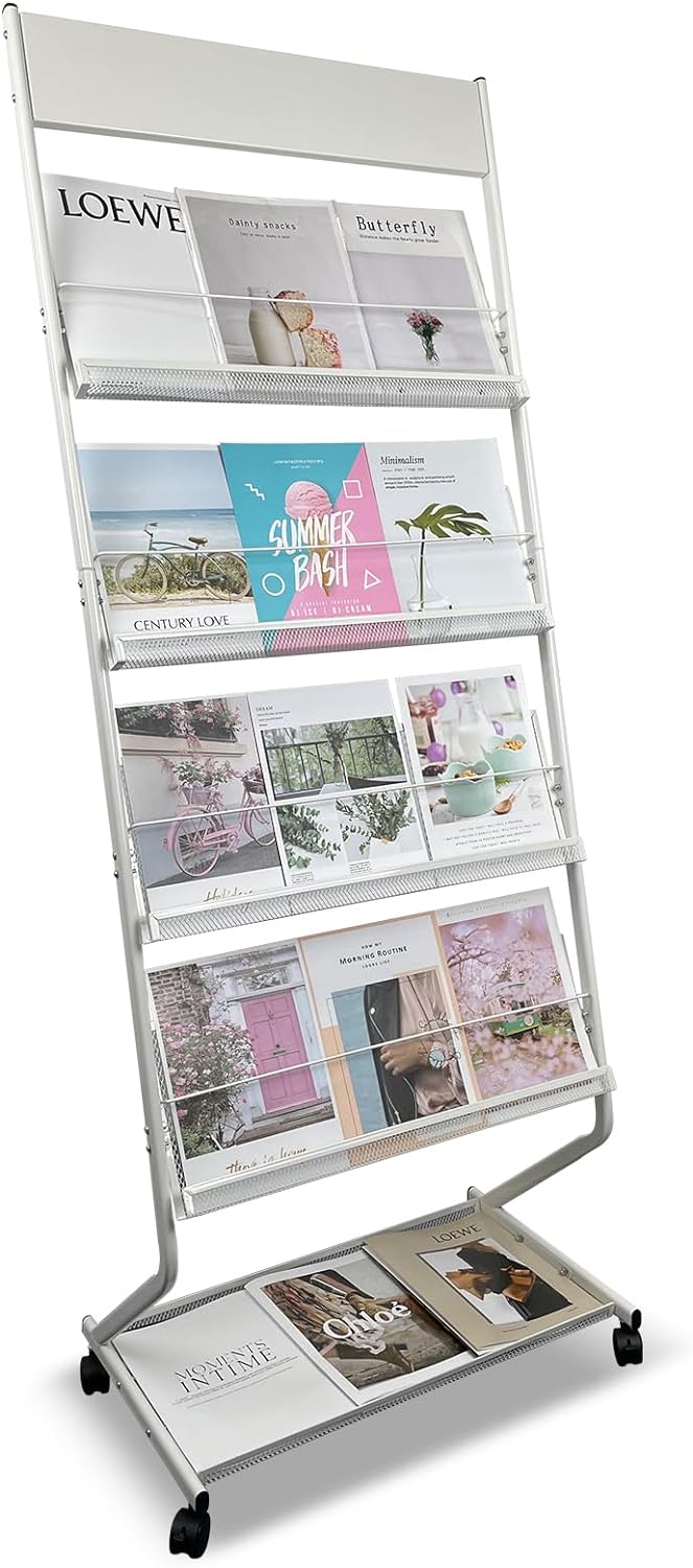 tongmo Floor-Standing Magazine Rack 4-Layer with Wheels, Brochure Display Stand, High-hardness metal for Exhibitions, Office, and Any Organization Requiring Information Display (White)