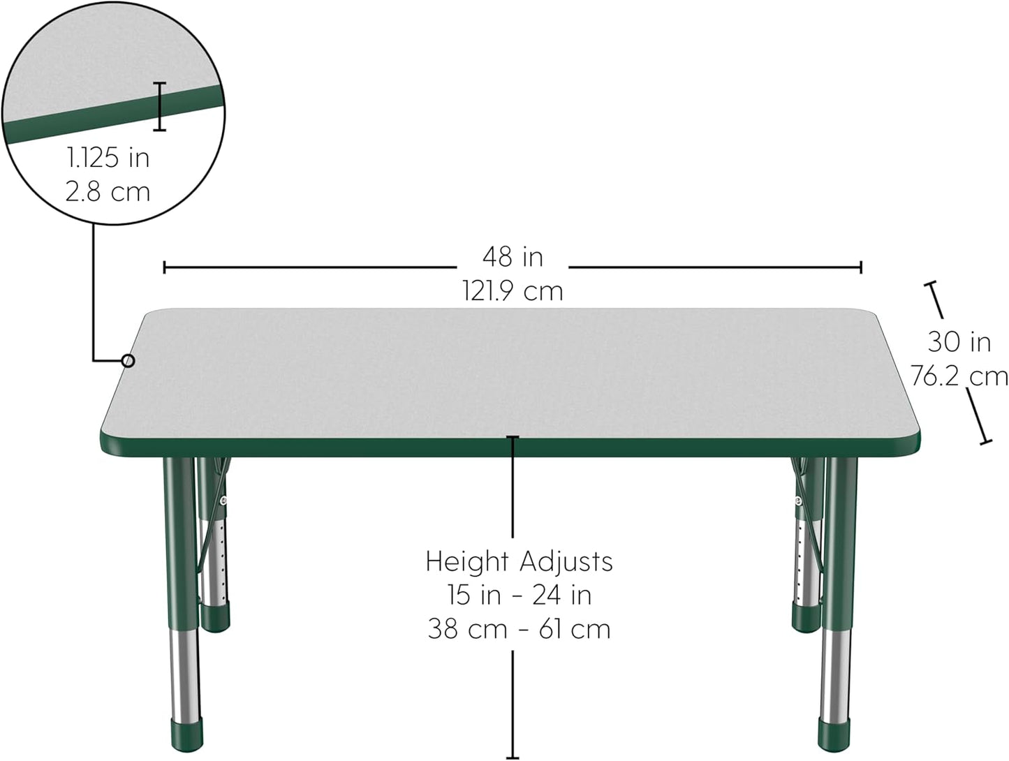 FDP Rectangle Activity School and Classroom Kids Table (30 x 48 inch), Chunky Toddler Legs, Adjustable Height 15-24 inches - Gray Top and Green Edge
