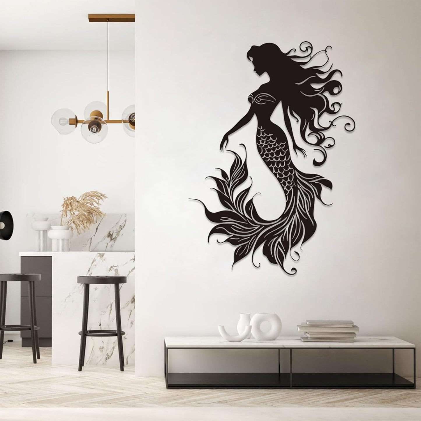 Veplsur Mermaid Metal Wall Art, Metal Mermaid Wall Decor, Marine Biology Wall Decor, Ocean Wall Art, Nautical Wall Hanging, Beach Hanging for Bathroom Bedroom (Gold, 35"x25"|90x64cm)