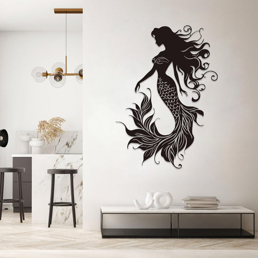 Veplsur Mermaid Metal Wall Art, Metal Mermaid Wall Decor, Marine Biology Wall Decor, Ocean Wall Art, Nautical Wall Hanging, Beach Hanging for Bathroom Bedroom (Black, 19"x13"|47x33cm)