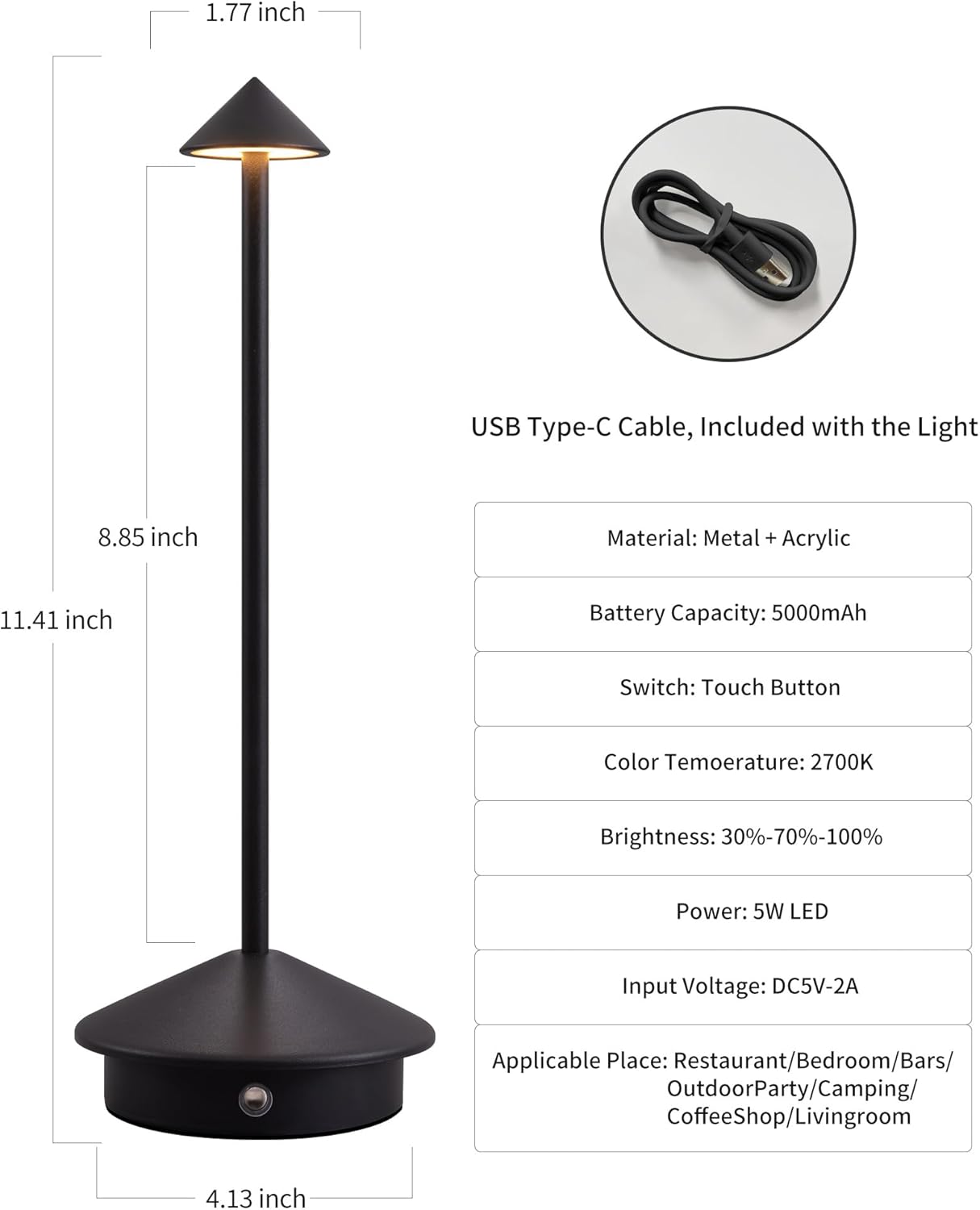 Modern Cordless Table Lamp Set of 2, Portable LED Desk Lamps, 5000mAh Rechargeable Battery Operated Lighting for Bedroom Dining Room Restaurant Coffee Shop Camping Night Light (Black)