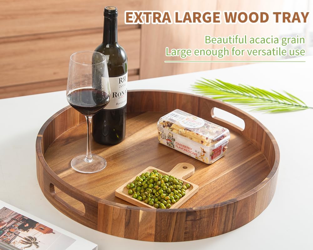Extra Large Round Ottoman Coffee Table Tray, 22" Big Kitchen Serving Trays for Huge Ottoman Counter Giant Decorative Organizer, Huge Wood Serveware Tray with Built-in Handle for Big Job