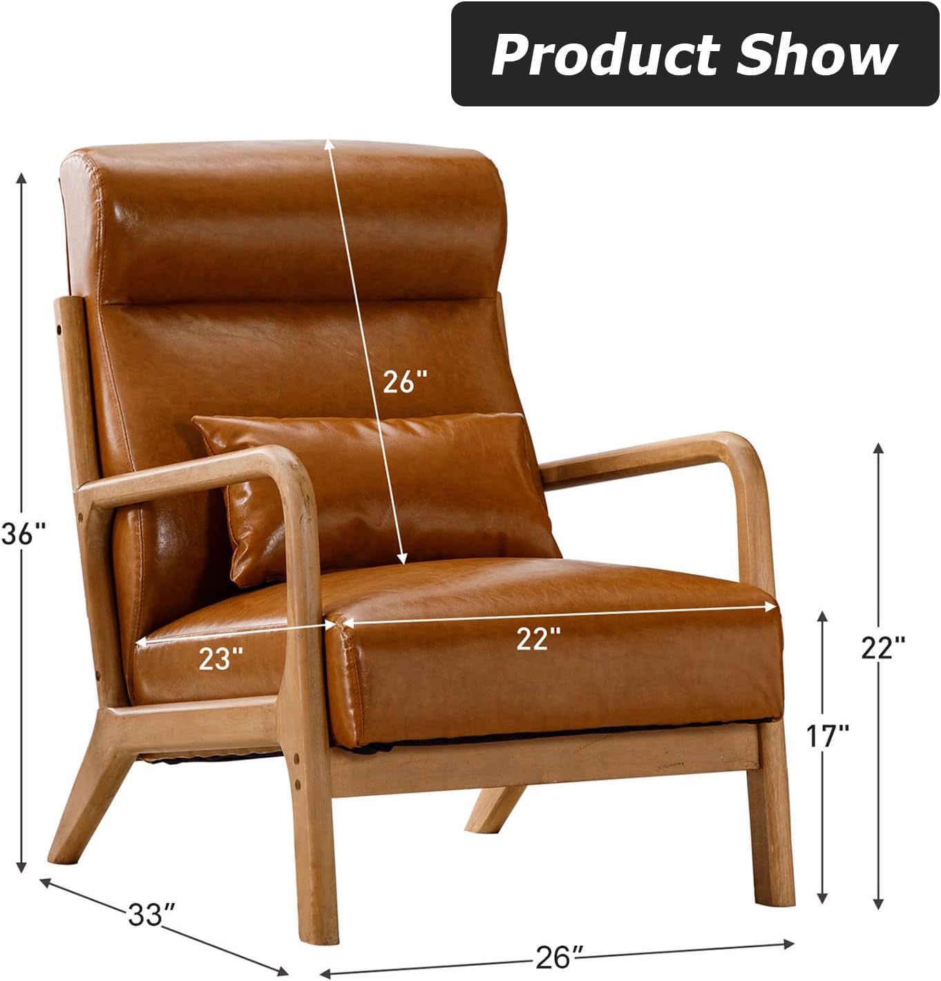 INZOY Mid Century Modern Accent Chair Set of 2, High Back Reading Armchair with Wood Frame, PU Leather Living Room Chairs with Waist Cushion, Single Lounge Arm Chair for Bedroom Sunroom, Camel