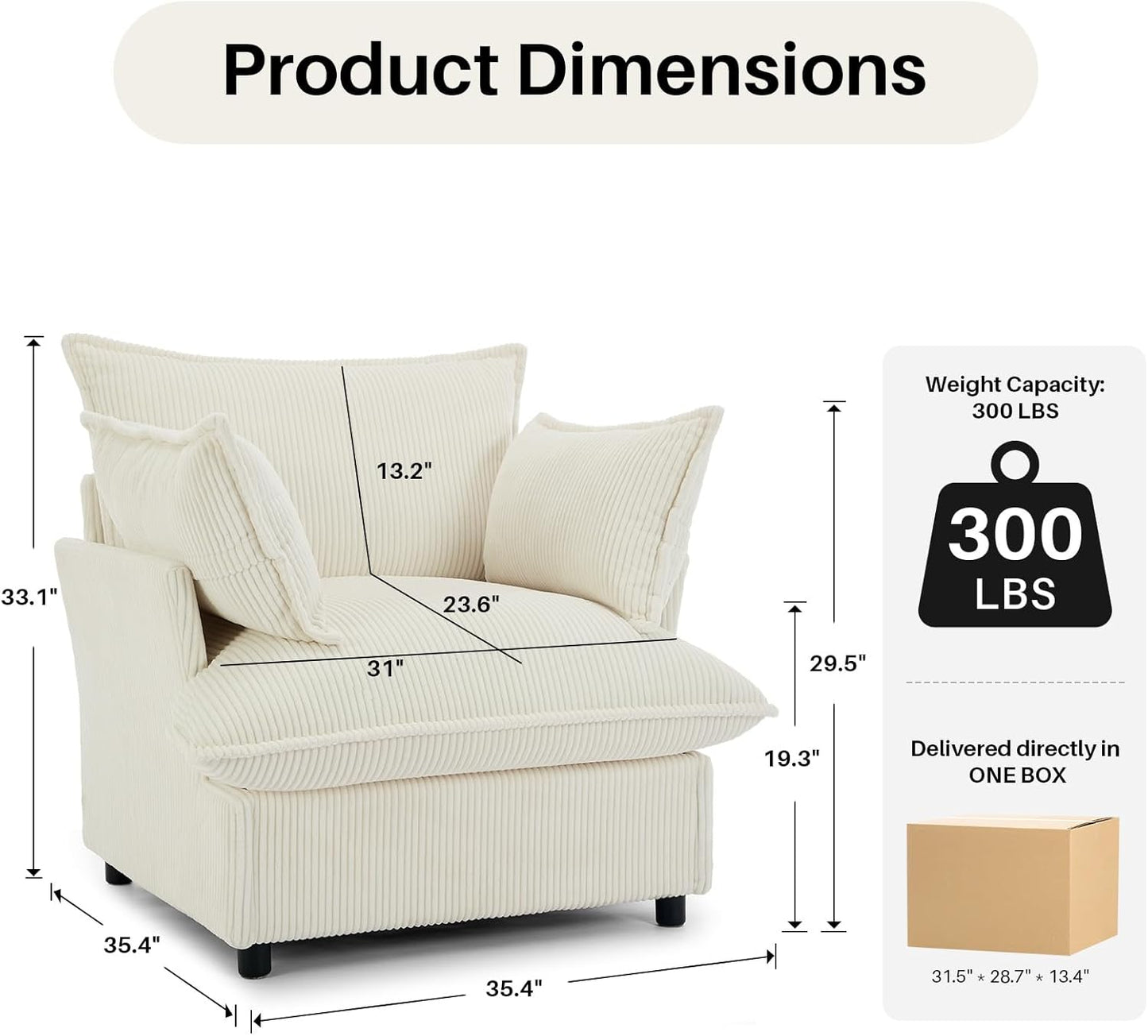 35.4" Wide Oversized Corduroy Single Sofa Chair with 2 Pillows, Modern Upholstered Accent Chair Armchair for Livingroom Bedroom Apartment, Beige