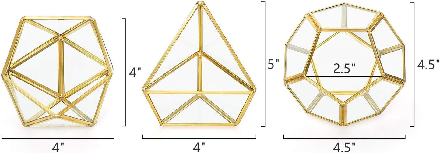 Mkono 4 Inches Mini Glass Geometric Terrarium Container Set of 3 Modern Tabletop Planter Shelves Decor Display Centerpiece for Succulent Miniature Fairy Garden Air Plant, Gold (Plant Not Included)