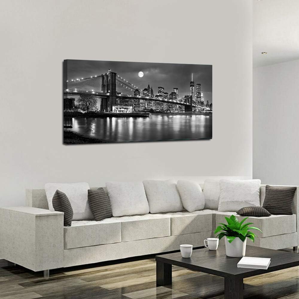 LevvArts - Black and White New York Picture Brooklyn Bridge Canvas Wall Art Full Moon Night Manhattan City Poster Canvas Print Framed Gallery Wrapped Modern Home Office Decoration