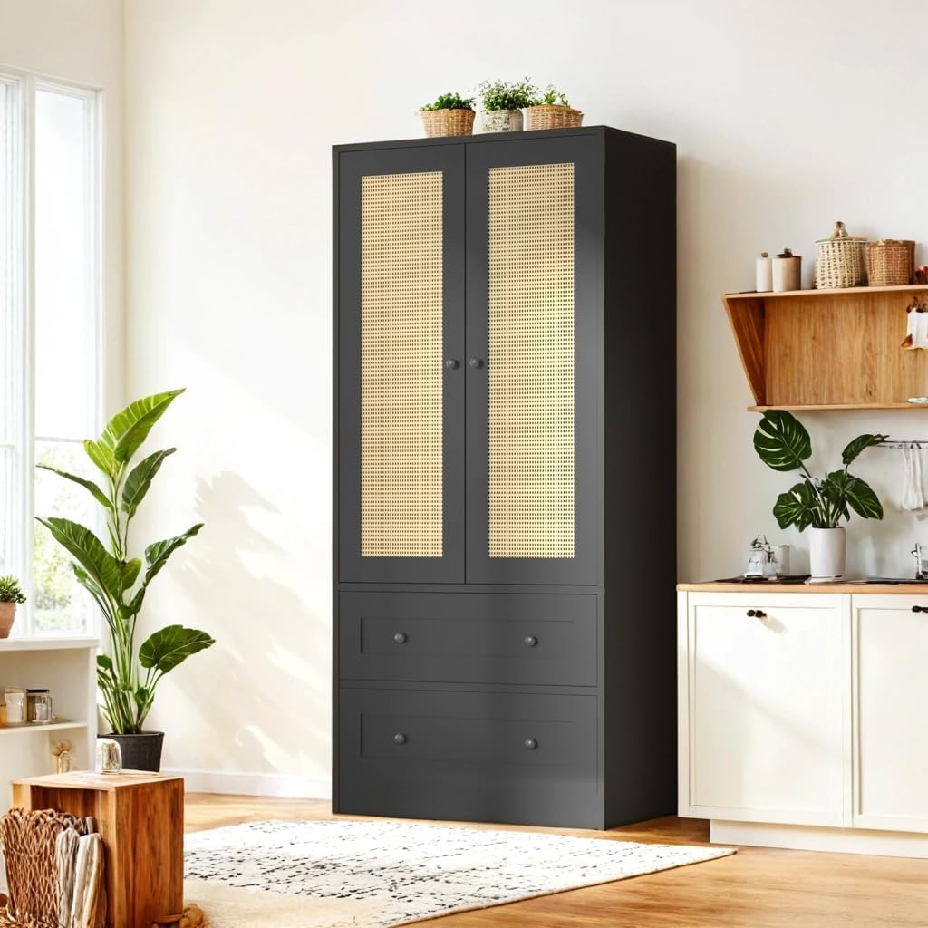 64.2" Tall Rattan Black Kitchen Pantry, Storage Cabinet with Doors and Drawers, Freestanding Wooden Organizer for Kitchen, Dining Room