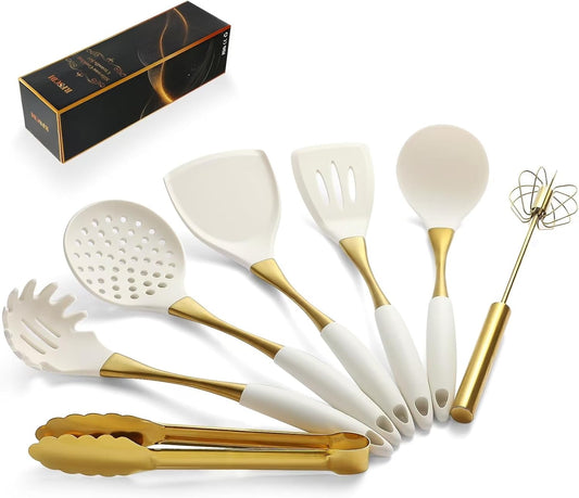 Elegant White Gold Silicone Cooking Utensils Set - Non-Toxic, Dishwasher Safe Kitchen Utensils Set with Heat Resistant Comfort Handles - Includes Spatula & Spoon for Nonstick Cookware