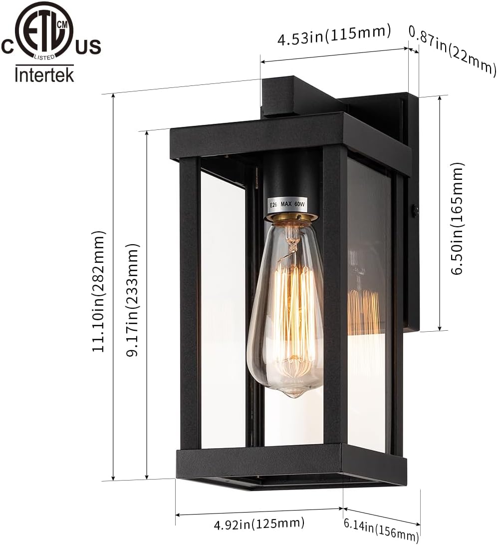 mirrea 11" Classic Outdoor Wall Sconce 1 Light in Matte Black Rectangular Metal Frame and Clear Glass Shade Waterproof Porch Light Patio Light Pack of 2