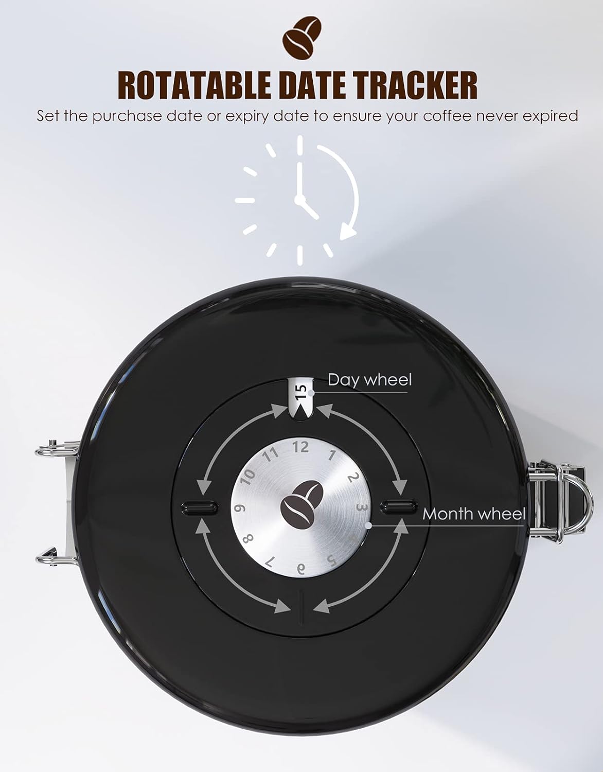 HAIOOU Airtight Coffee Canister, 22OZ Large Stainless Steel Coffee Bean Storage Container with Date Tracker, Measuring Scoop, 6Pcs CO2 Valves and Mini Tongs for Beans, Grounds, Sugar and more - Black