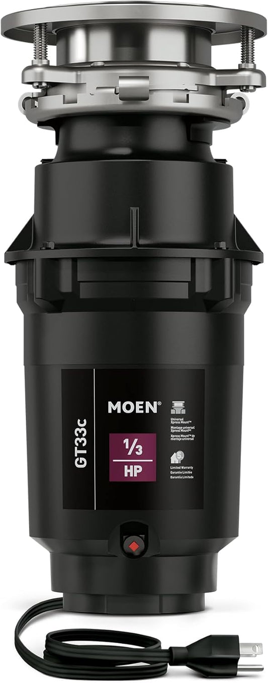 Moen GT33C Lite Series 1/3 Horsepower Continous Feed Garbage Disposal featuring Fast Track Technology, Power Cord Included