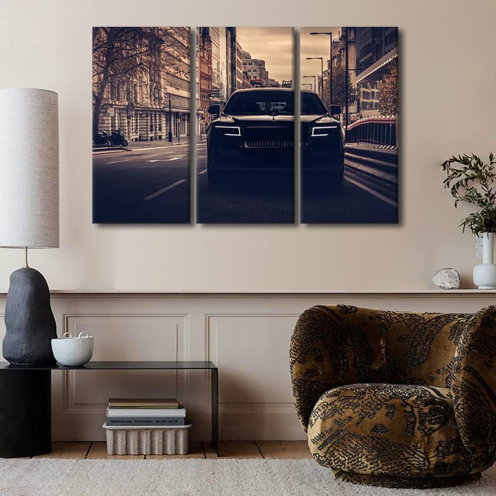 TUMOVO Canvas Wall Art for Bedroom Black Speedy Car on the Street Living Room Retro Decor 3 Panels Rustic Modern Artwork Home Walls Giclee Framed Ready to Hang 42inch Wx28 H, 28 x 14 inch