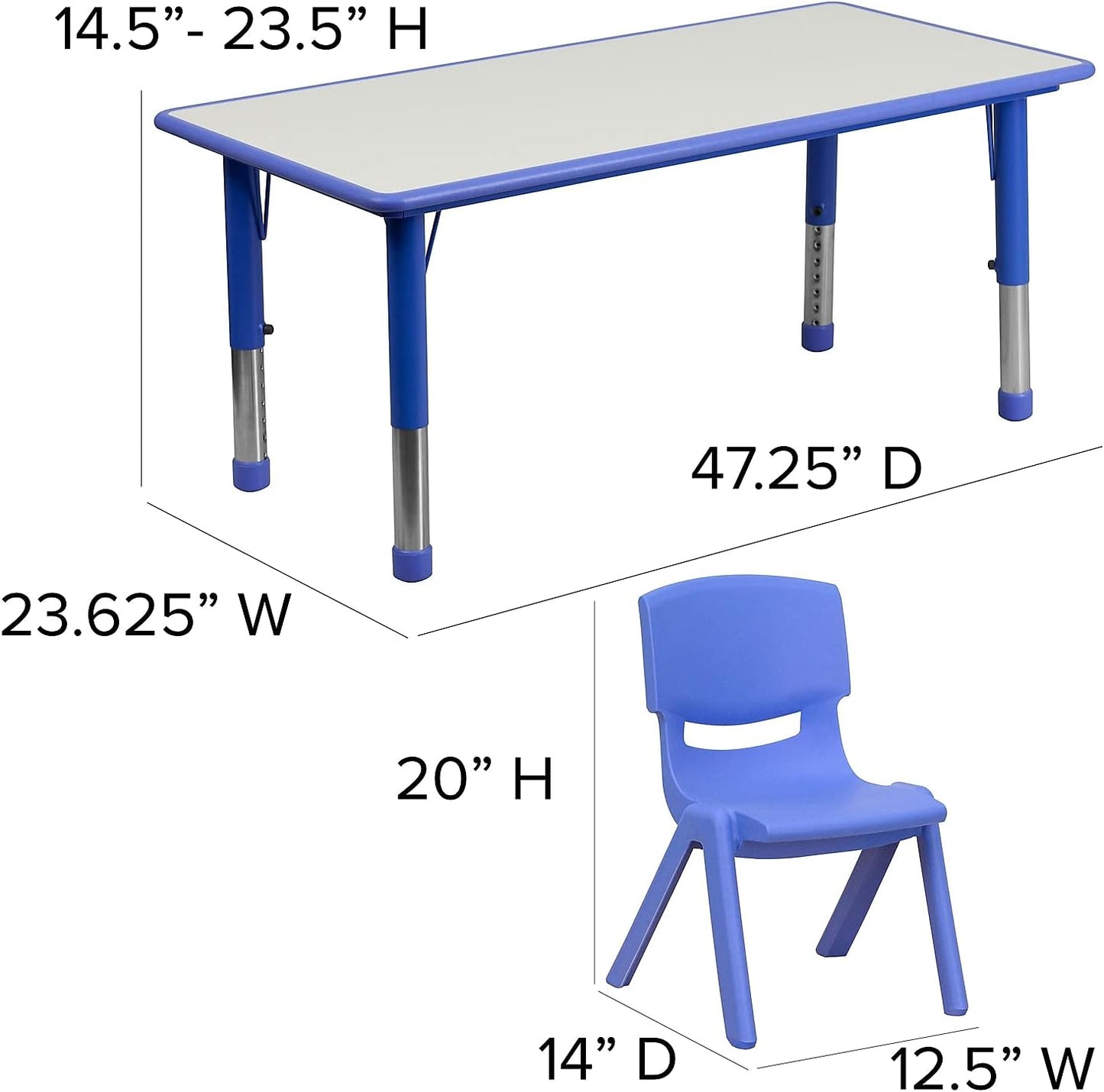 Flash Furniture Emmy Adjustable Classroom Activity Table with 6 Stackable Chairs, Plastic Activity Table for Kids, 23.625" W x 47.25" L, Blue/Gray