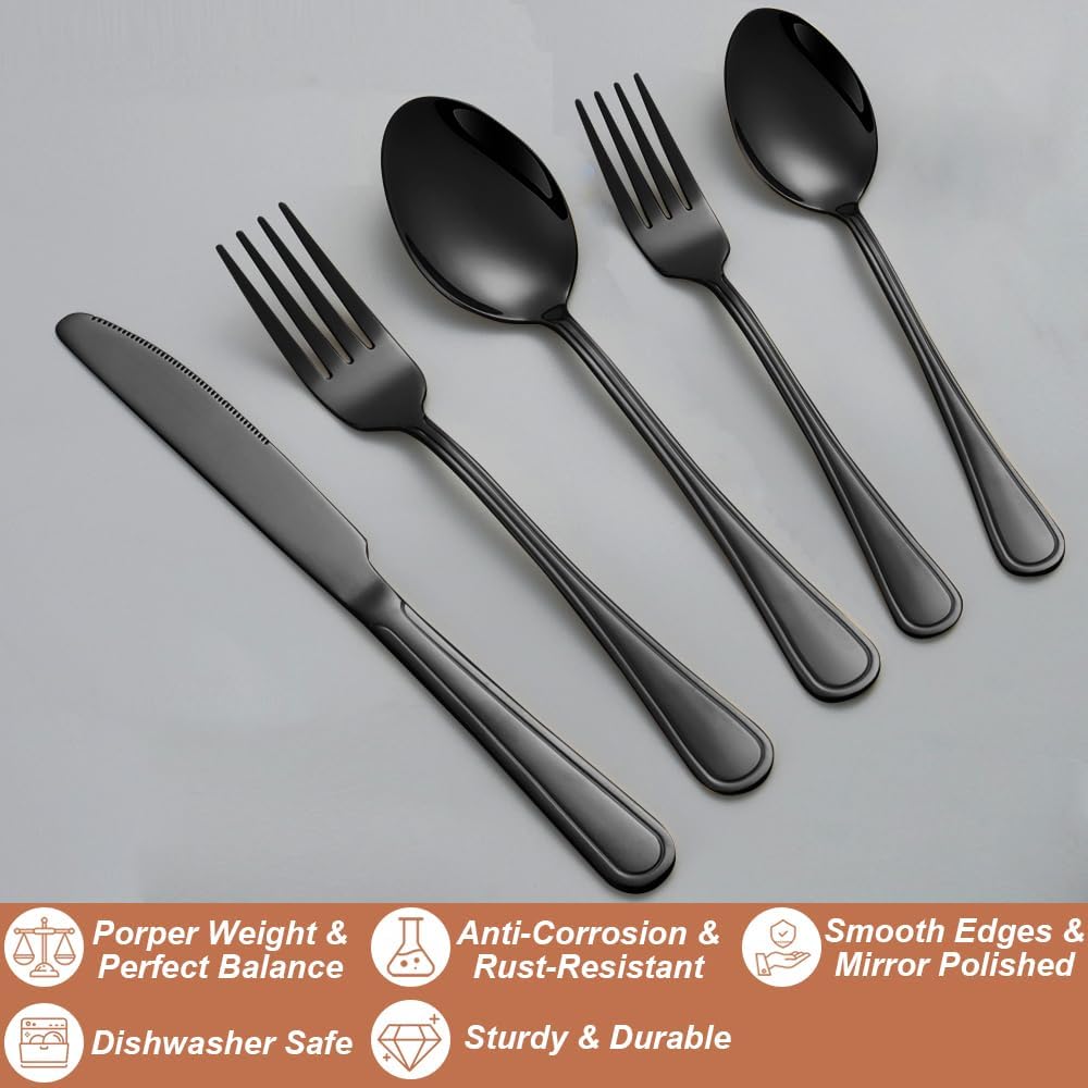 40 Pcs Black Silverware Set for 8 with Simple Striped Handle Design, Food Grade Stainless Steel Flatware Set, Eating Utensils Sets Include Fork/Knife/Spoon, Cutlery Set, Dishwasher Safe
