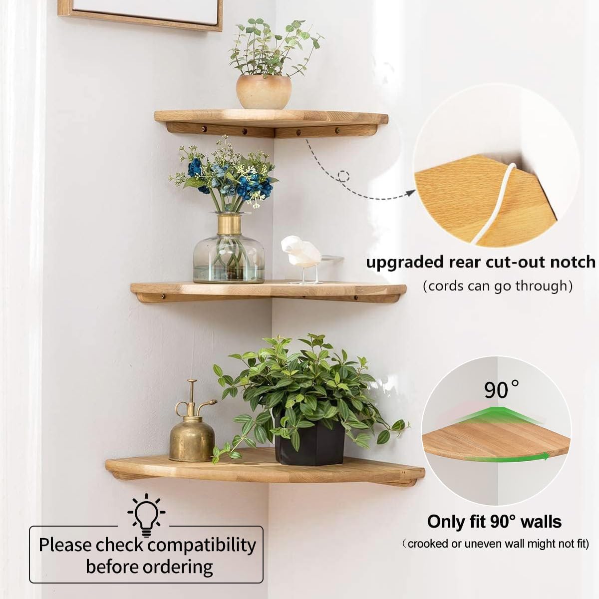 Corner Shelf, 12inch Solid Oak Wood Floating Corner Shelves Wall Mount Round End Floating Speaker Shelf with Wire Hole for Small Plant Photo Frame for Bedroom Kitchen, Living Room
