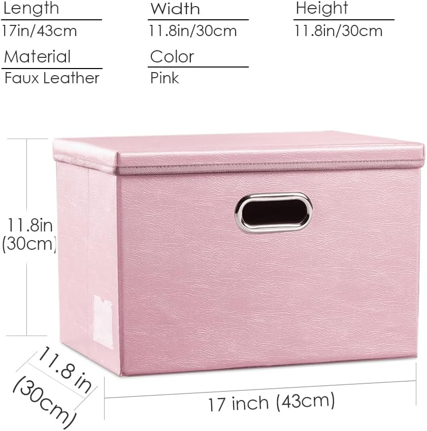 PRANDOM Large Stackable Storage Bins with Lids [3-Pack] Leather Fabric Foldable Storage Boxes Organizer Containers Baskets Cube with Cover for Bedroom Closet Office Nursery Pink (17.7x11.8x11.8)