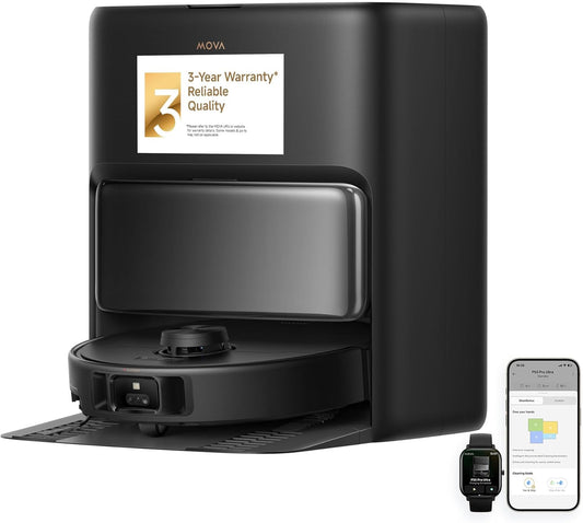 Mova P50 Pro Ultra Robot Vacuum and Mop, 19,000Pa Suction with Anti-Tangle Brush, Removable & Liftable Mop for Carpet & Floor, 167℉ Mop & Washboard Self Drying & Cleaning, Auto Empty & Refill, Black