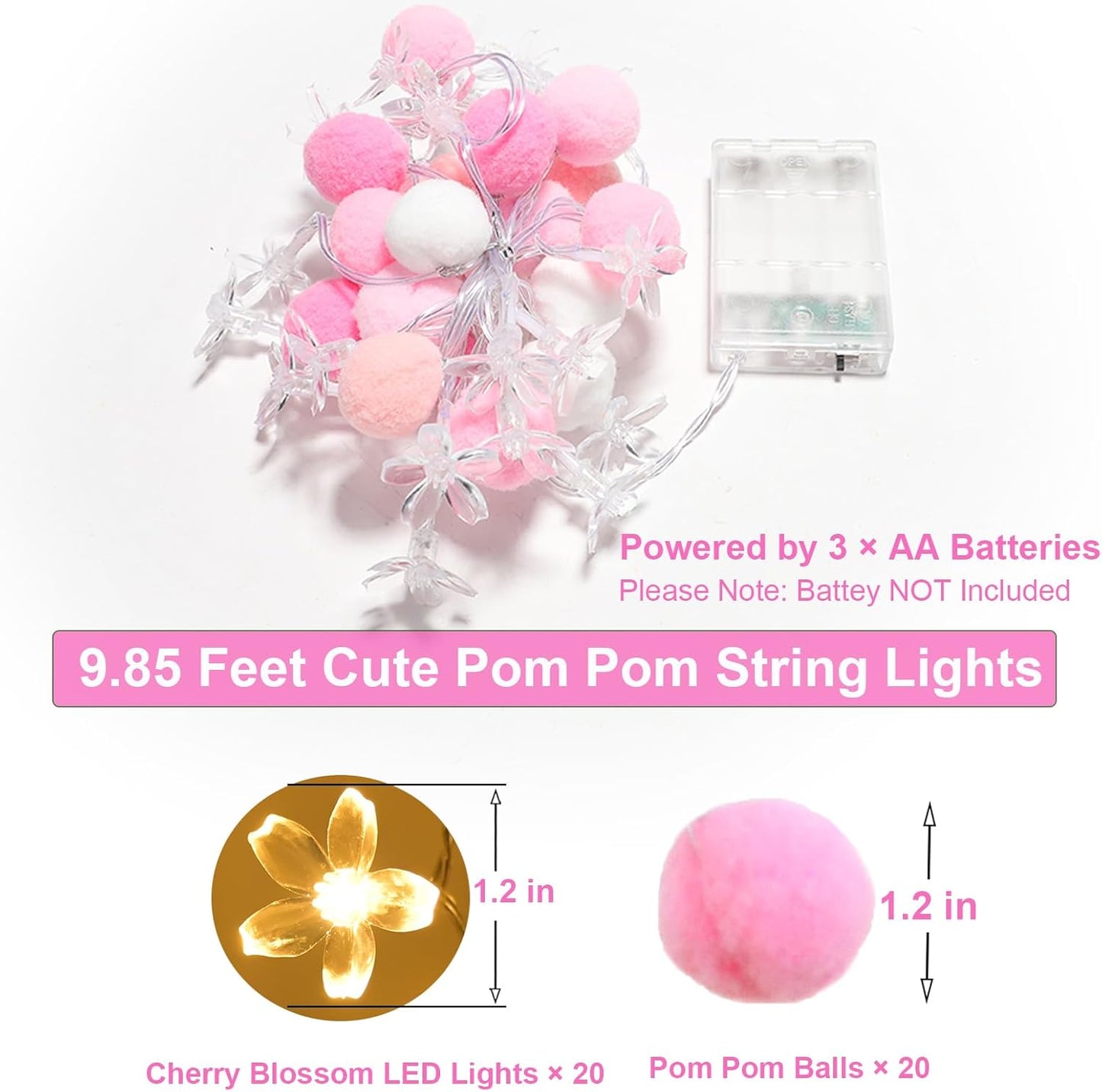 9.85Ft Fairy Lights 20 Cute Pink Pompoms 20 LEDs Cherry Blossom String Garland Battey Operated with Timer Flower Lights for Bedroom Kids Room Party Birthday Wedding Valentines Decoration