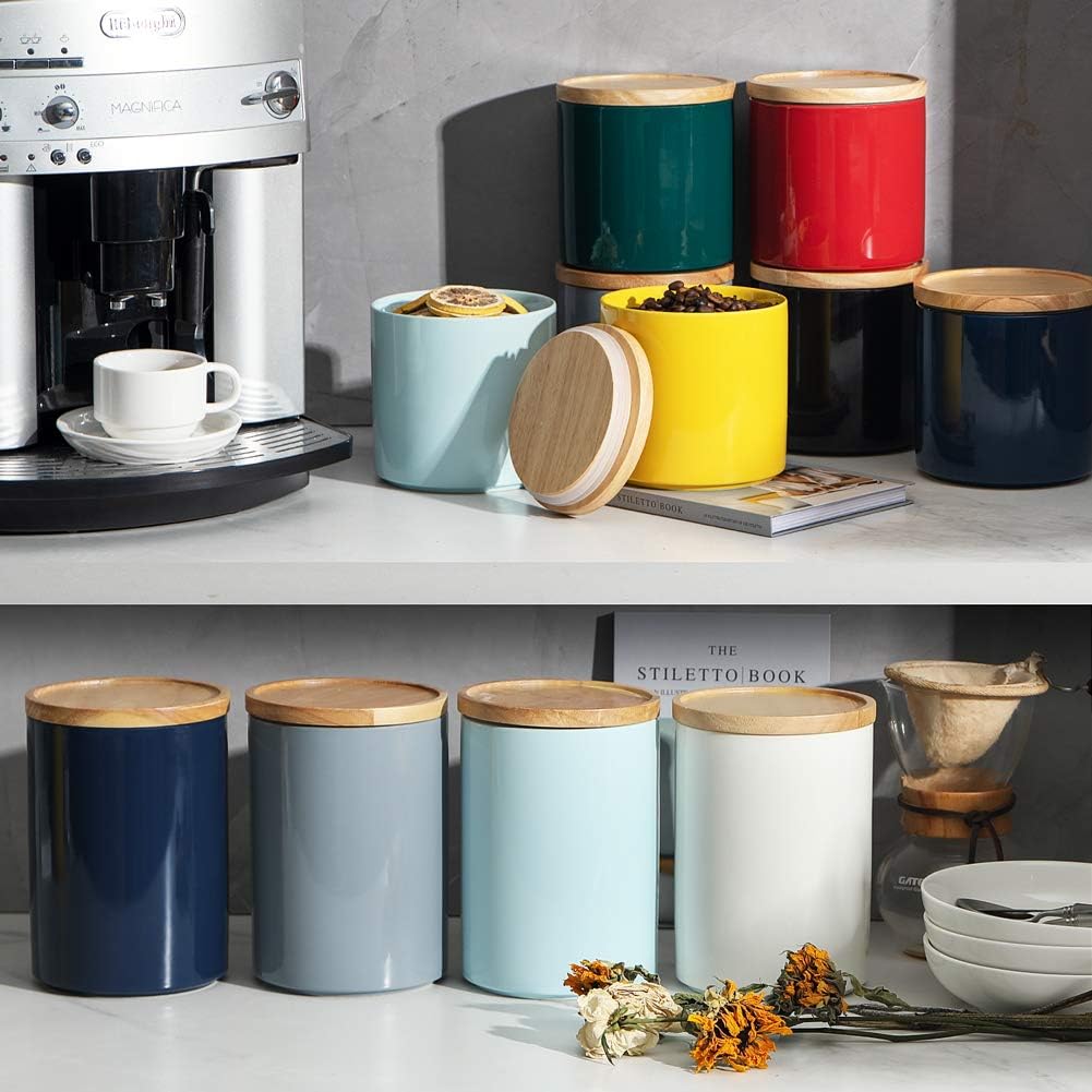 Sweejar Kitchen Canisters Ceramic Food Storage Jar Set, Stackable Containers with Airtight Seal Wooden Lid for Serving Ground Coffee, Tea, Herbs, Grains, Sugar, Salt - Set of 4 (Black)