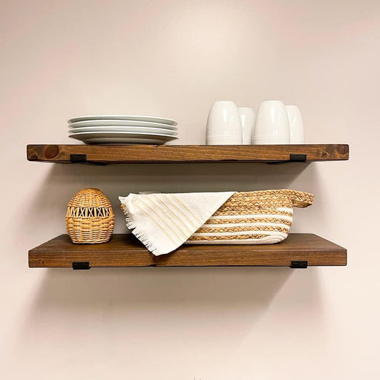 Rustic Shelves with J-Brackets Set of 2, Industrial Shelf, Kitchen Shelves, Solid Wood, Decorative Wall Storage, Heavy Duty, URBANDI (Provincial, 24Wx8D)