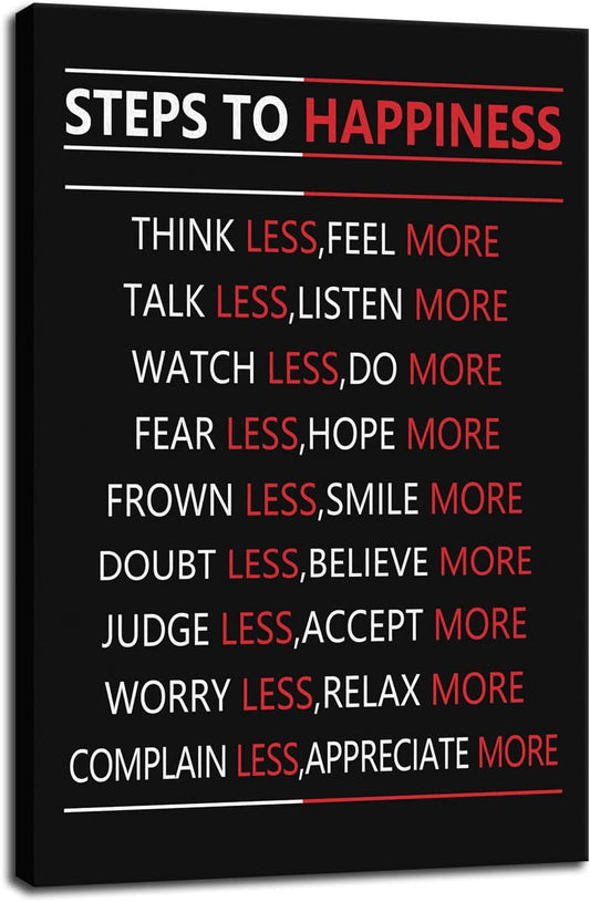 Motivational Steps For Happiness Wall Art for Office Inspiring Positive Poster Inspirational Affirmative Canvas Painting Prints Wall Pictures for Living Room Home Decor Framed Artwork [12''W x 18''H]