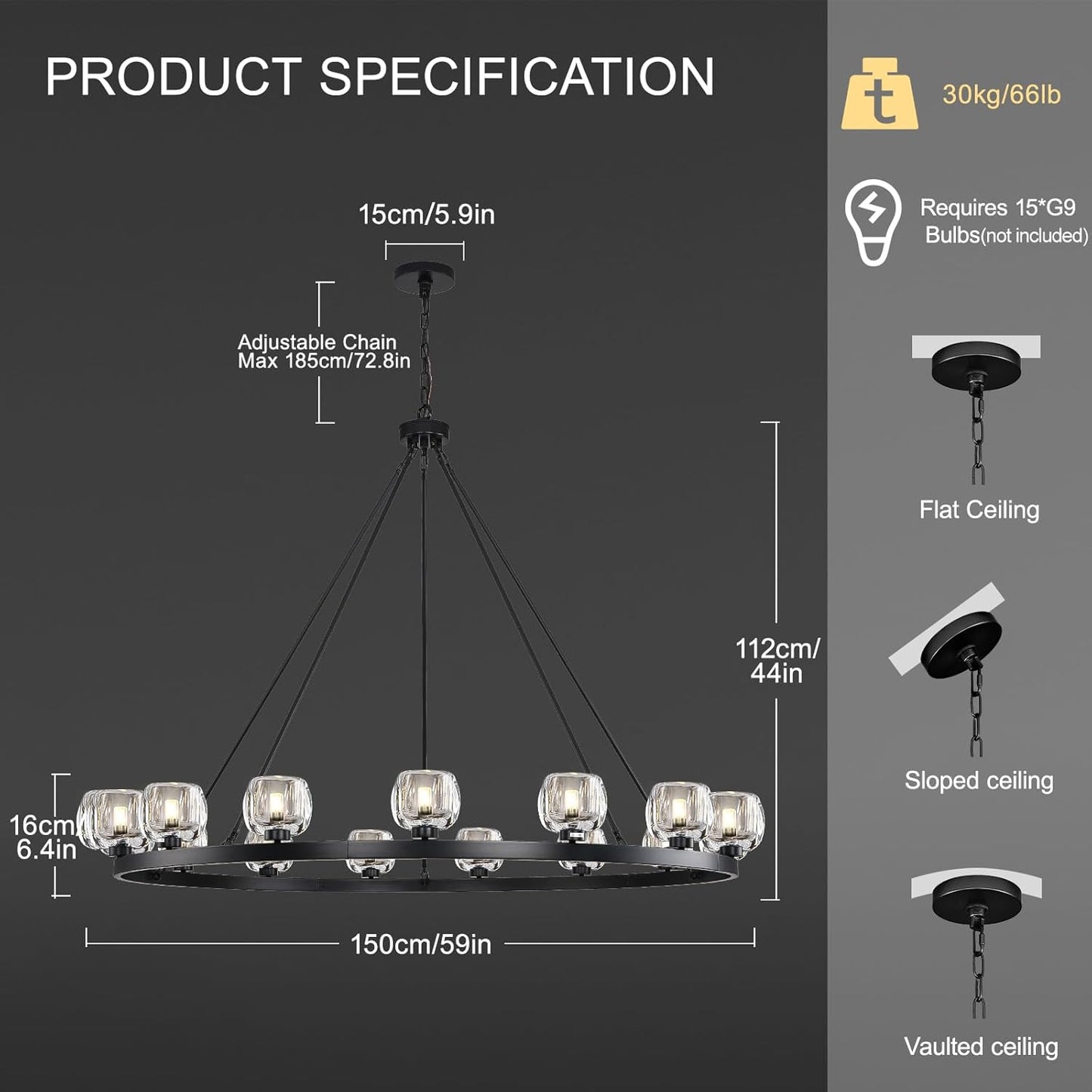 Black Wagon Wheel Chandelier, 59 Inch Black Chandeliers with Unique Glass Shade, 15-Light Crystal Large Wagon Wheel Chandeliers for Dining Room, High Ceiling Round Chandelier for Living Room, Foyer