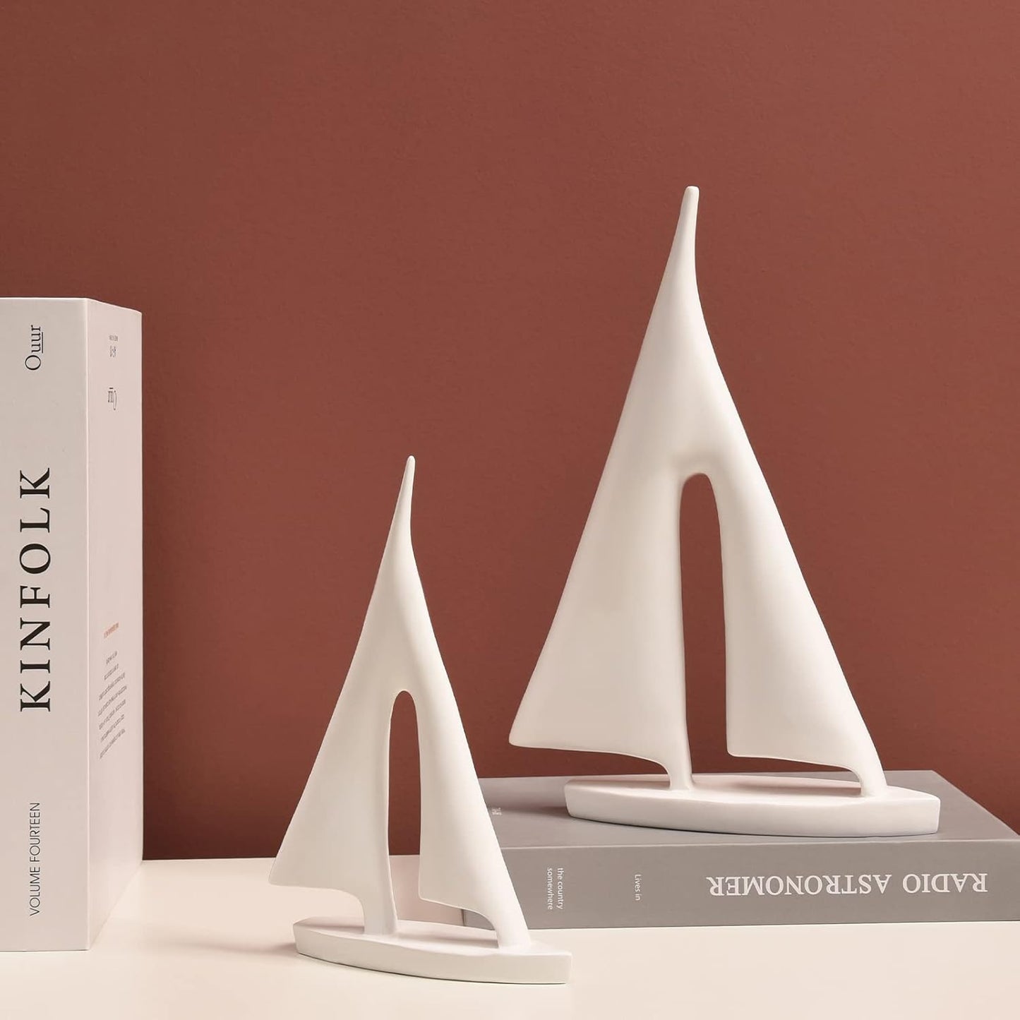 Modern Sculptures Home Decor, Sailboat Decor Ornament, Boat Decorations Statue Decor, Art Sculptures and Statues, Sailboat Gifts Home Office Bathroom Shelf Decor (White-2 Pack)