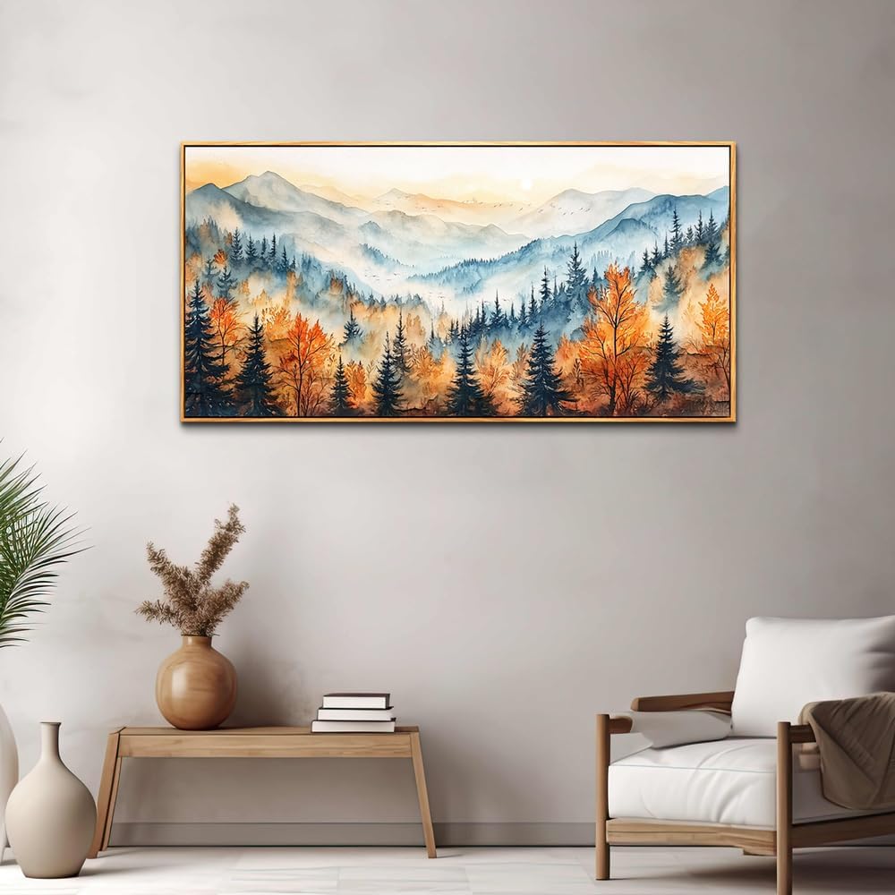 KELIYUAN Panoramic Wall Painting Canvas Wall Art For Living Room Large Wall Decor For Bedroom Abstract Mountain Forest Painting Pictures Office Decor Modern Room Home Decor Wood Framed 20"X40"