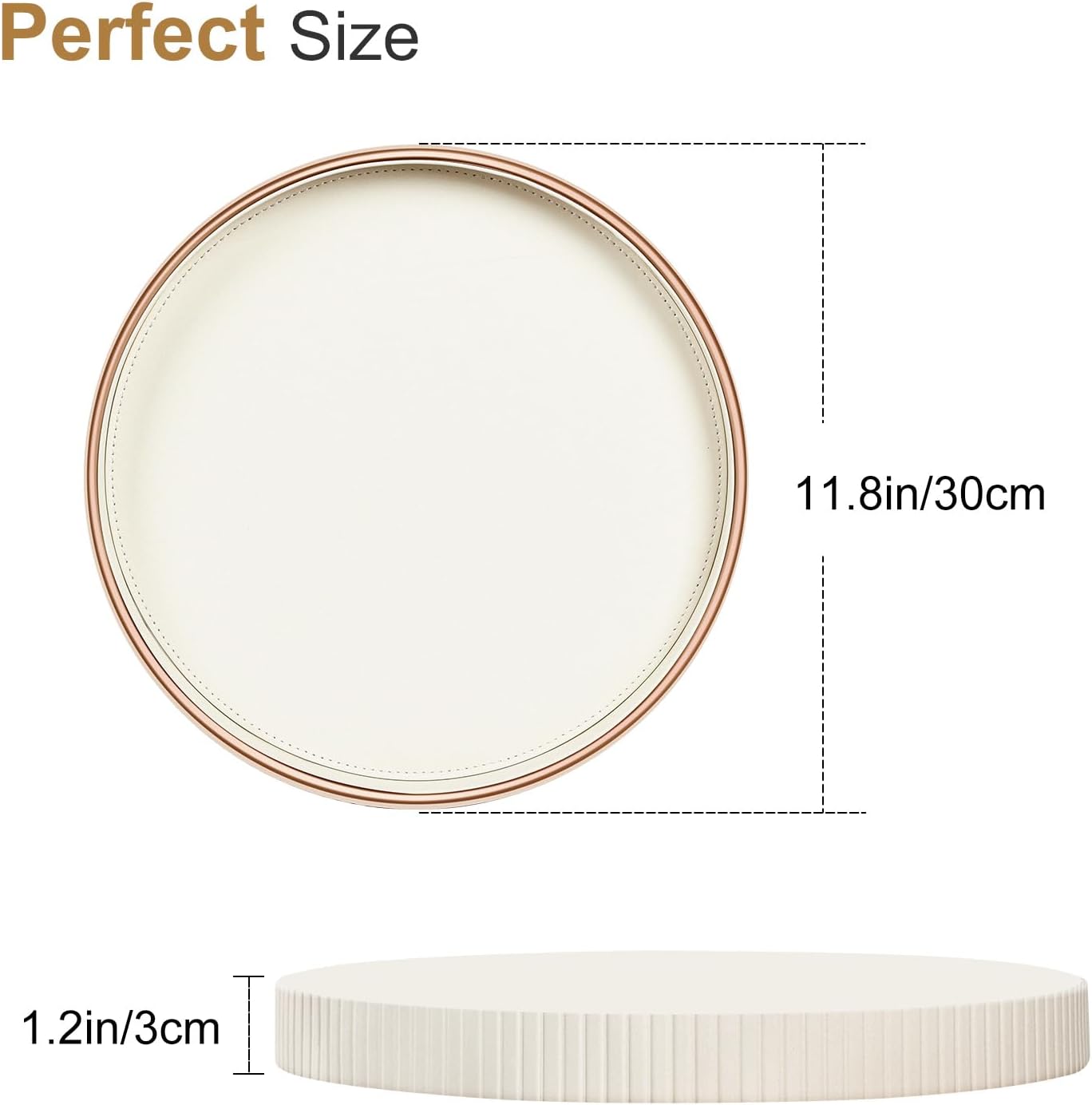 KINGFOM Decorative Serving Tray, PU Leather Valet Nightstand Desk Organizer for Men Women, Round Tray Decor for Coffee Table/Home Decor, Modern Decorative, Centerpiece (Ivory White)