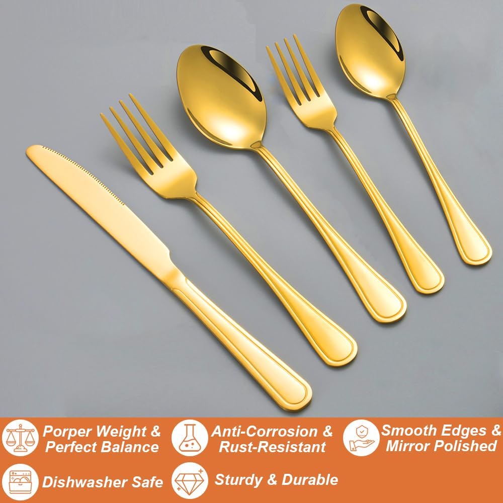 40 Pcs Gold Silverware Set for 8 with Simple Striped Handle Design, Food Grade Stainless Steel Flatware Set, Eating Utensils Sets Include Fork/Knife/Spoon, Cutlery Set, Dishwasher Safe