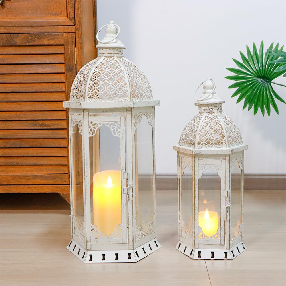 JHY DESIGN Set of 2 Decorative Candle Lanterns 22"&17" H Outdoor Vintage Metal Candle Holder for Garden Living Room Indoor Parties Weddings Patio Home Decor(White with Gold Brush)