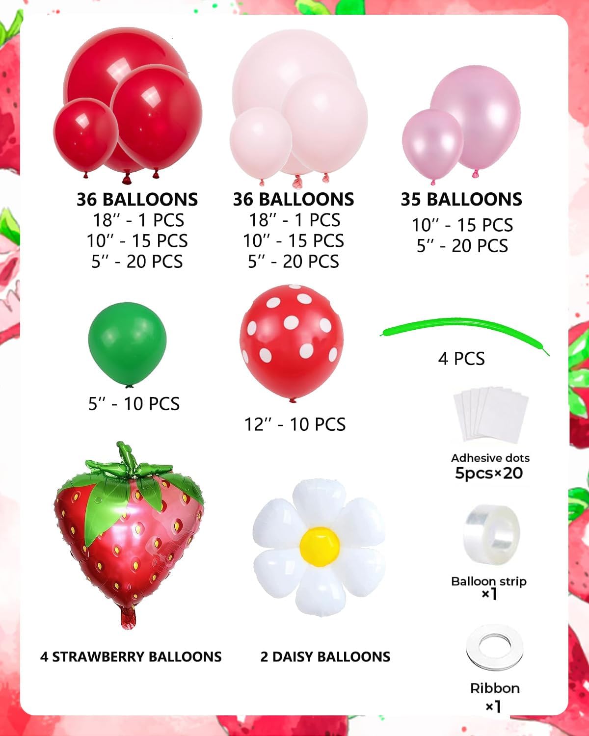 Strawberry Balloons Arch Garland Kit, 135PCS Red and Pink Balloons with Strawberry Daisy Foil Balloons for Sweet Girl Berry First Birthday Decor Baby Shower Themed Party Decorations