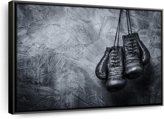 ElephantStock Boxing Gloves Wall Art - Horizontal Framed Canvas - 1-Piece Living Room Wall Decor - Photography Sports Canvas Print - Black and Gray Decor for Wall - 13" X 9"