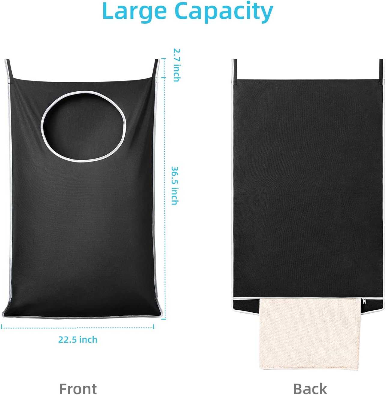 KEEPJOY 2 Pack Door Hanging Laundry Hamper, XL Hanging Bag with Large Opening and 2 Hooks for Whole Family - 36.5X22.5 inch - Black (2pack)