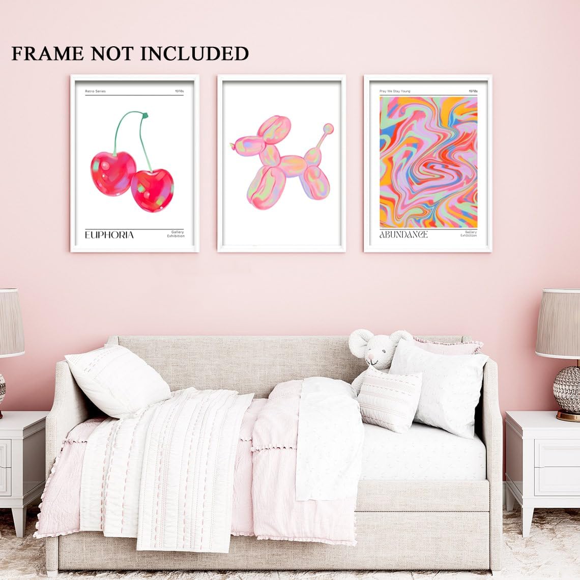 Pink Preppy Wall Art Posters Set of 3 Trendy Cute Balloon Dog Cherry Canvas Prints Modern Colorful Abstract Aura Painting Retro Pop Decor Positive Picture for Living Room Bedroom 12x16in Unframed