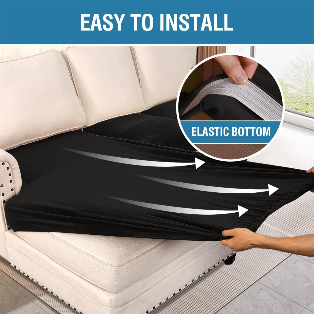 H.VERSAILTEX Velvet Stretch Sectional Couch Covers 3 Pieces Sofa Seat Cushion Covers L Shape Separate Cushion Couch Chaise Cover for Both Left/Right Couch (Large Sofa 2 Seater + 1 Chaise, Black)