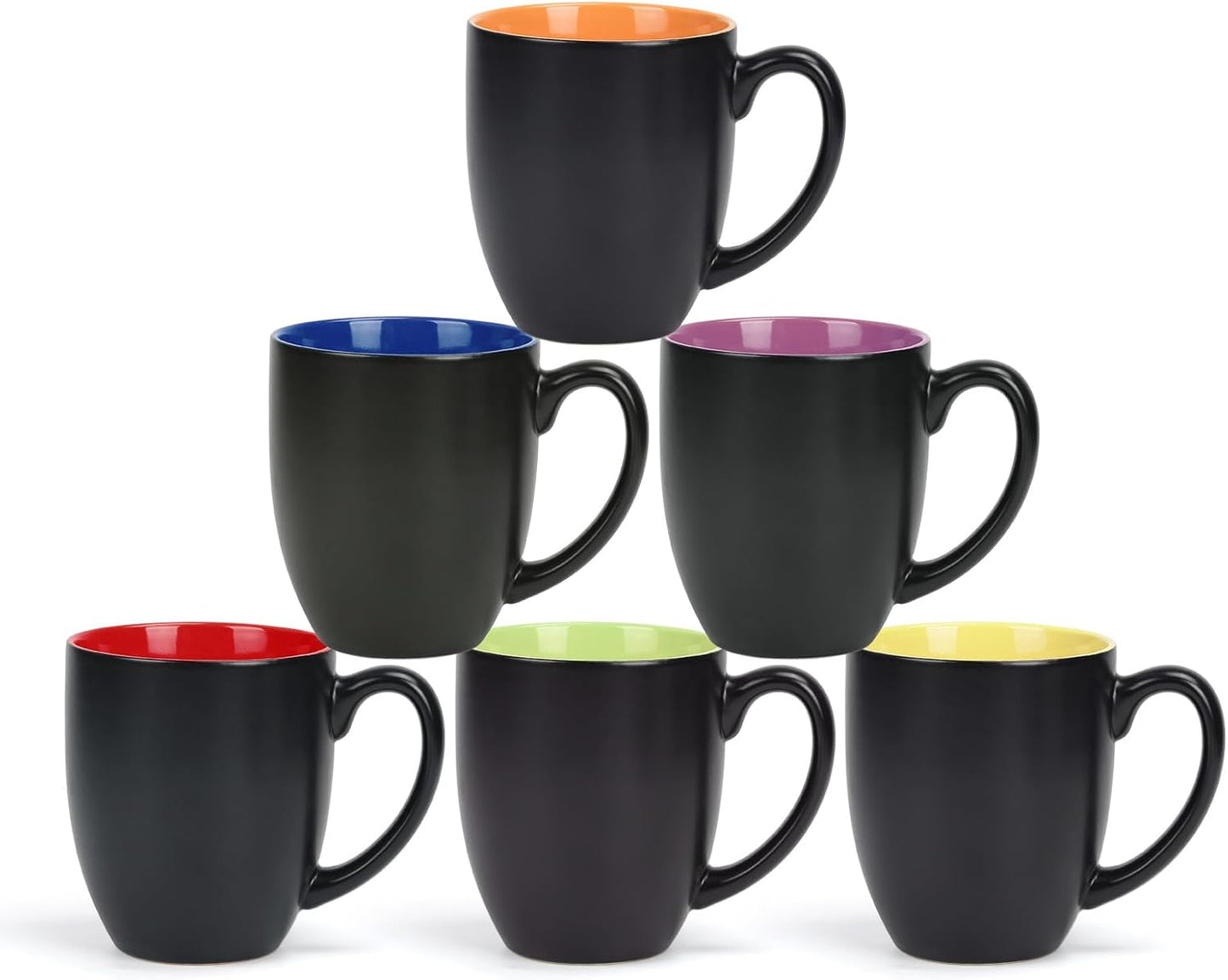 16 OZ Stoneware Coffee Mug Set of 6, Black Ceramic Mug with Different Color Inside, Colorful Porcelain Mug with Handle for Latte Espresso Cappuccino