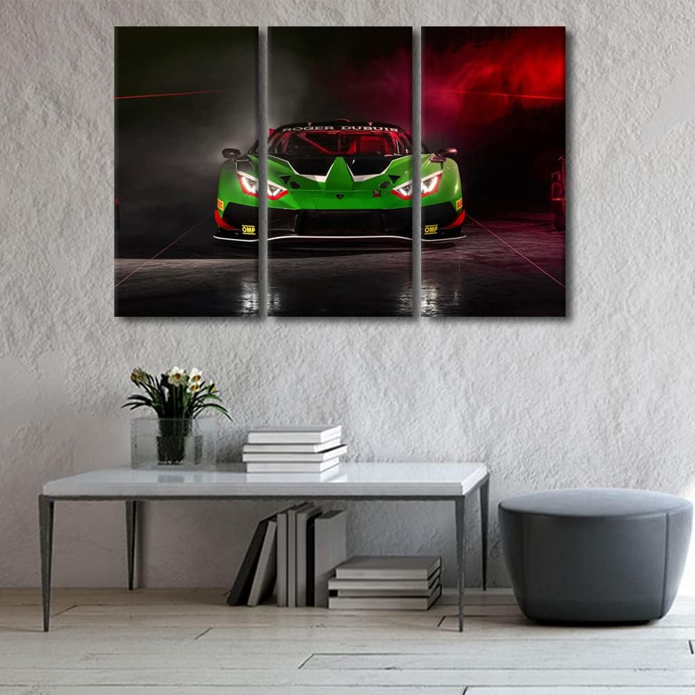 TUMOVO 3 Piece Wall Pictures for Living Room Green Sports Car Painting on Canvas Wall Decor Art Supercar Speed Car for Boys Bedroom Wall Art Modern Artwork Framed Ready to Hang, 60" Wx40 H
