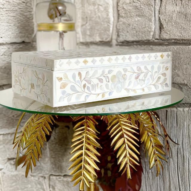 Decorative Storage Box Of Mother Of Pearl Inlay Floral Design Wooden Storage Box For Home Decoration For Living Dining & Bedroom (White_9x6x3.5 inch)