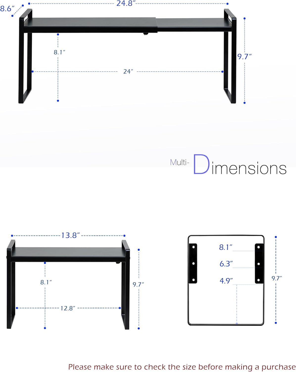 Nxconsu Cabinet Shelf Expandable Height Adjustable Organizer Riser for Kitchen Cabinet Pantry Cupboard Under Sink Countertop Organization Storage Space Saver Stackable Heavy Duty Metal Black