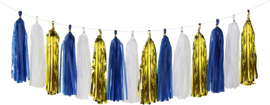 Navy-Blue White-Gold Tassel Garland Streamers- 15pcs Tissue Paper Tassels Banner Party Decorations Men Boy Birthday Graduation Bachelorette Engagement Backdrop Hanging Decor Panduola