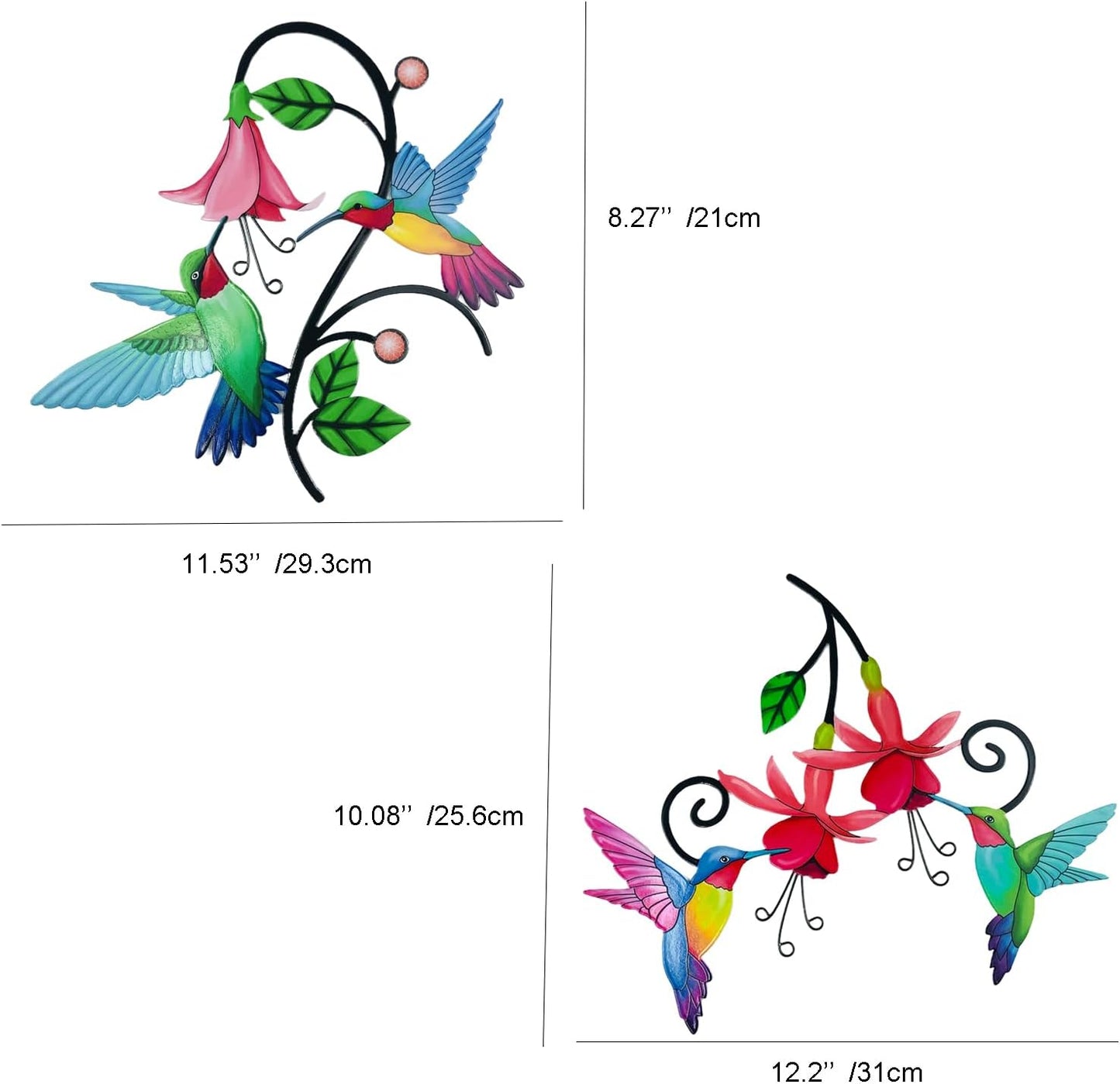 2 Pack Metal Hummingbird & Flower Outdoor Wall Art Decor, Creative Wall Decor for Patio, Fence, Deck, Garden, Home, Kitchen, Balcony