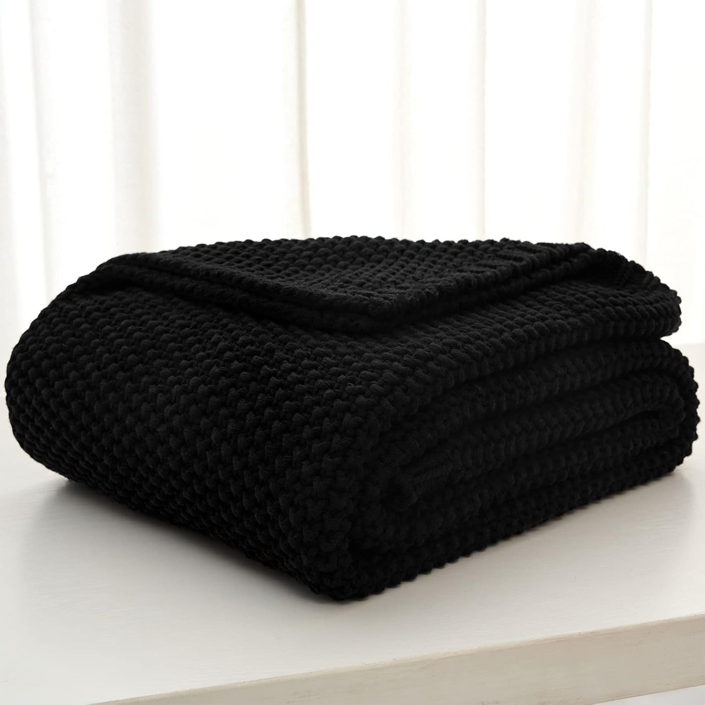 Longhui bedding Chunky Cable Knit Throw Blanket Lightweight Black 100% Organic Cotton Blanket for Sofa Couch Bed Baby Nursery, Rustic Shabby Chic Modern Farmhouse, 51” x 63” Give Laundering Bag