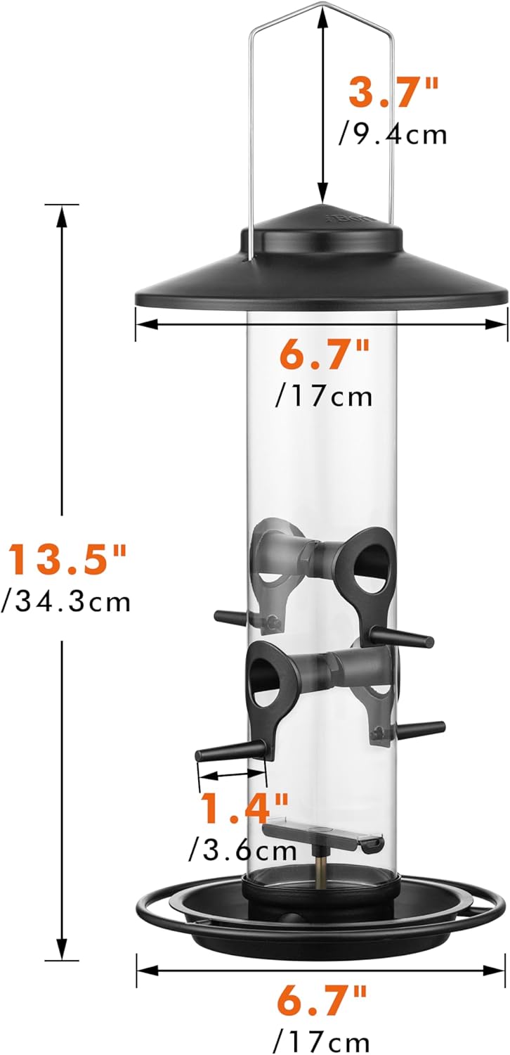 iBorn Metal Bird Feeders for Outdoors, 2LB Bird Seed Feeder 17cm Large Roof &Tray, 4 Feeding Ports, Black Finish